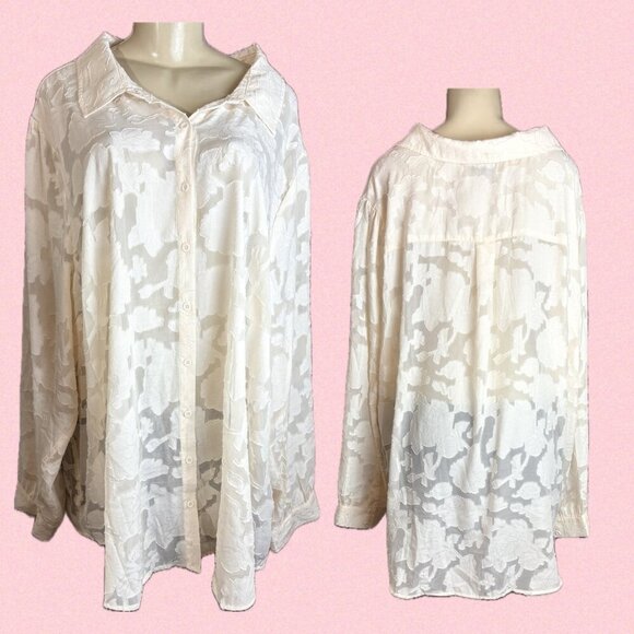 Torrid +6 Blush Pink Sheer Clip Floral Chiffon Button Collar Long Sleeve Blouse - Picture 1 of 6